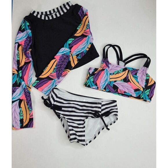 Girls Long Sleeve Leaf Print 3pc Swimsuit XS NWOT - Picture 1 of 2